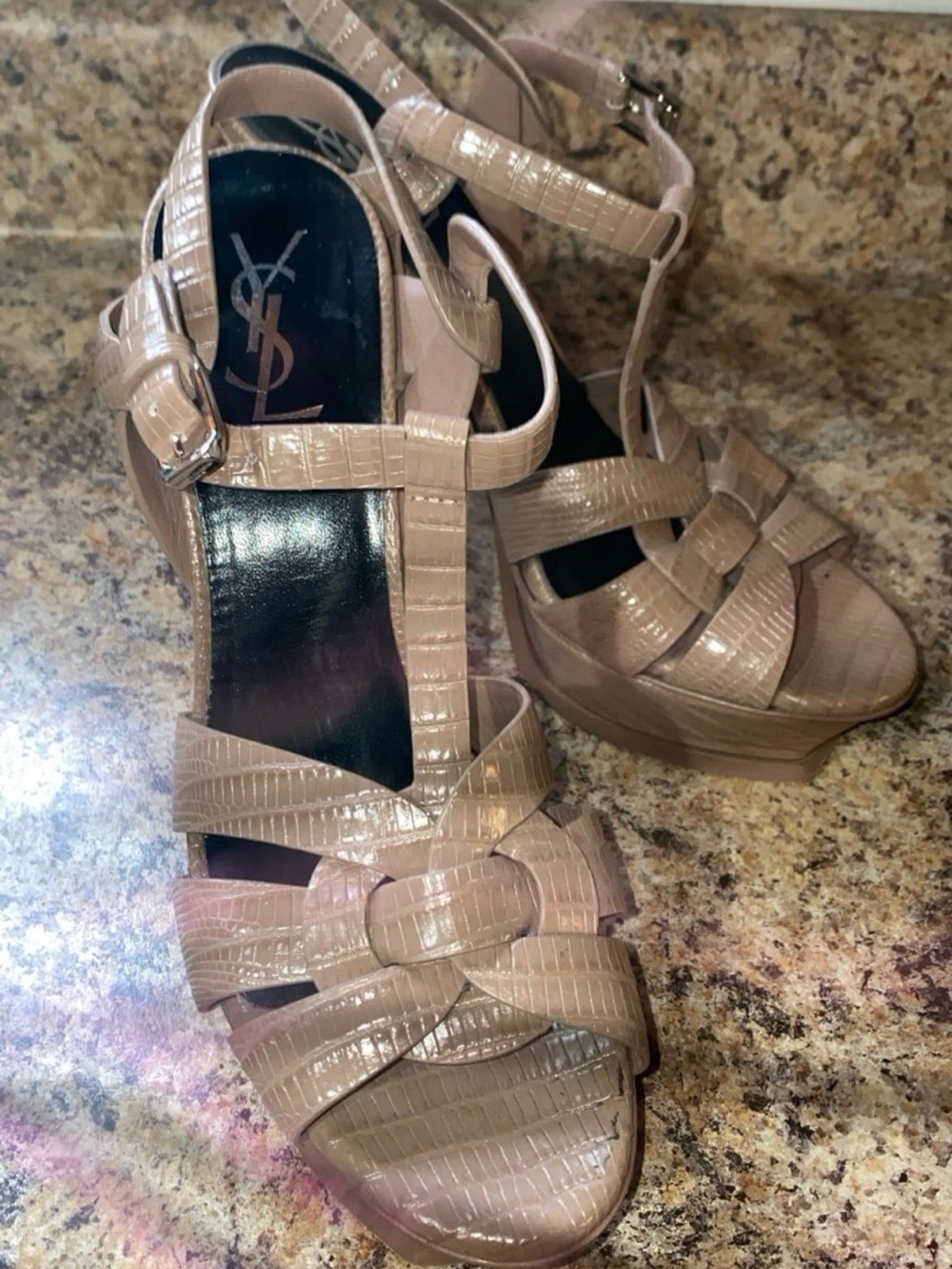 Saint Laurent Nude Tribute Croc-Embossed Leather T-Strap Heels - Picture 3 of 8